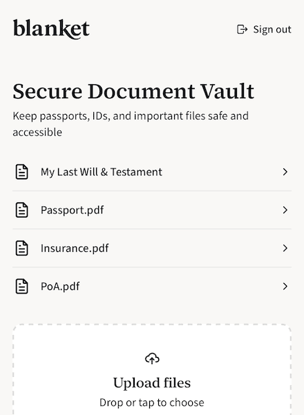 Secure Document Vault interface showing organized document storage