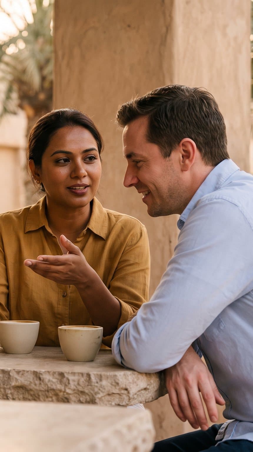 A woman recommending something on her phone to a friend at a café in Dubai