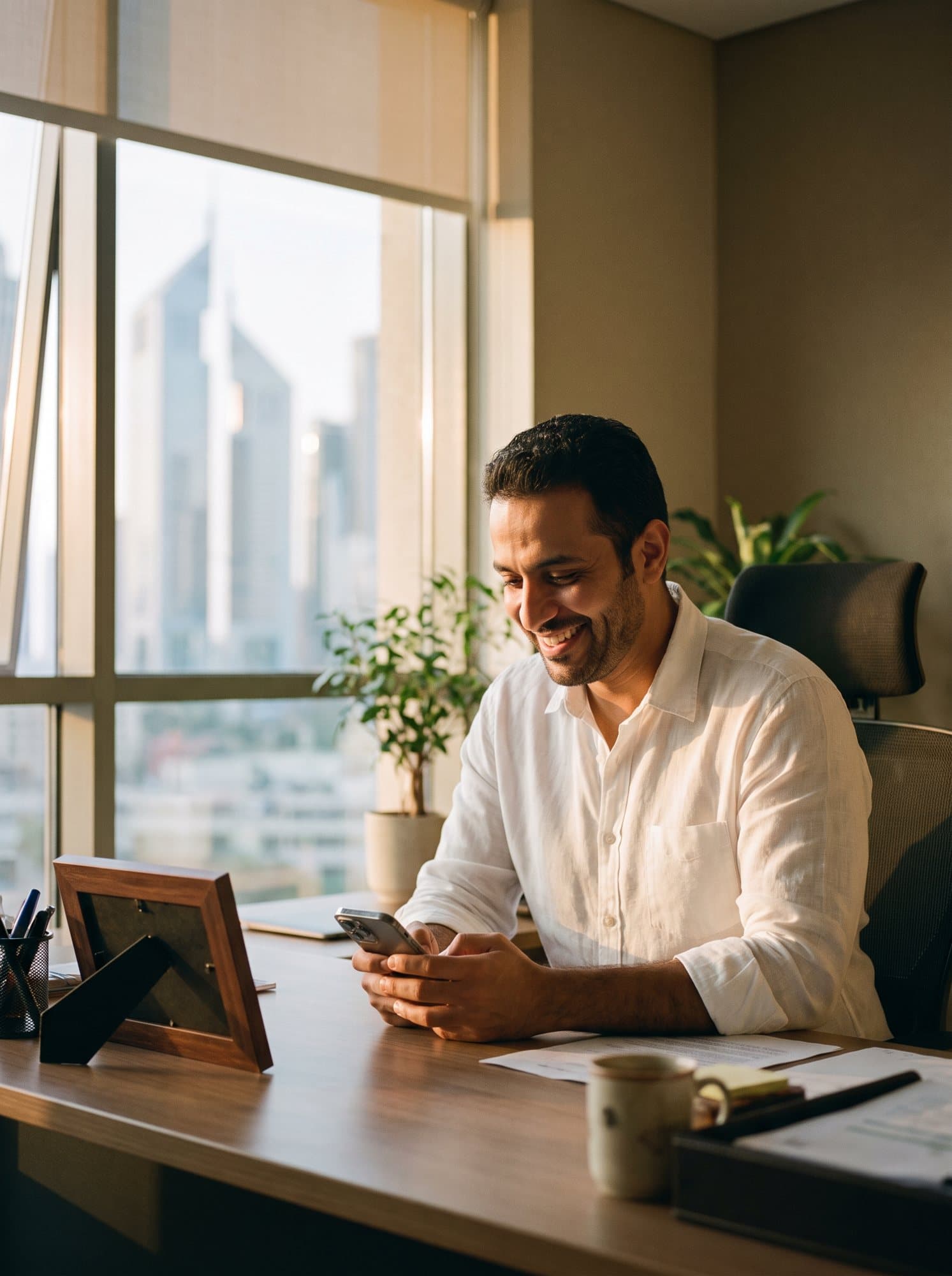 An employee smiling at a message from his family at his office desk
