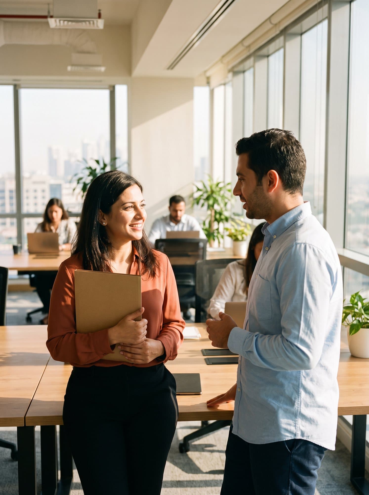 An HR lead chatting with an employee in a bright Dubai office