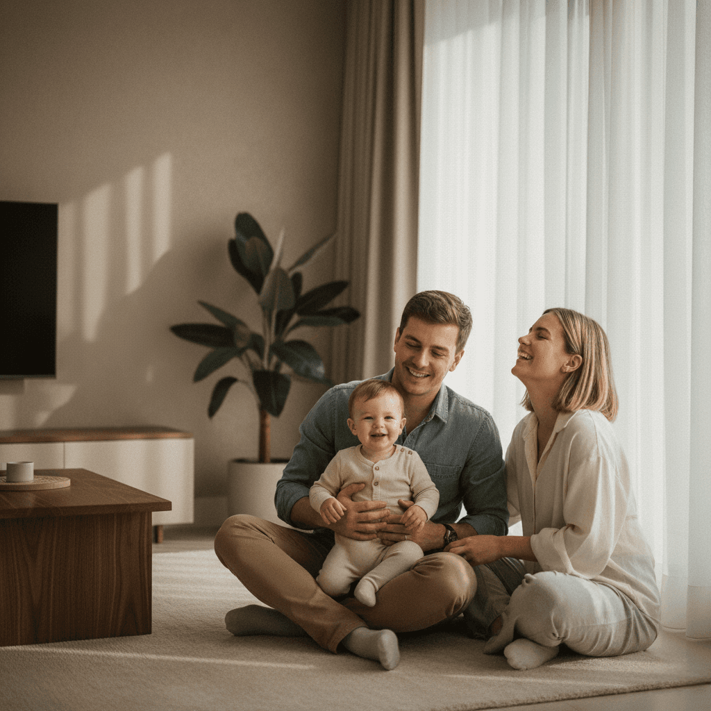 A young family together at home, representing the peace of mind that comes with proper estate planning in the UAE