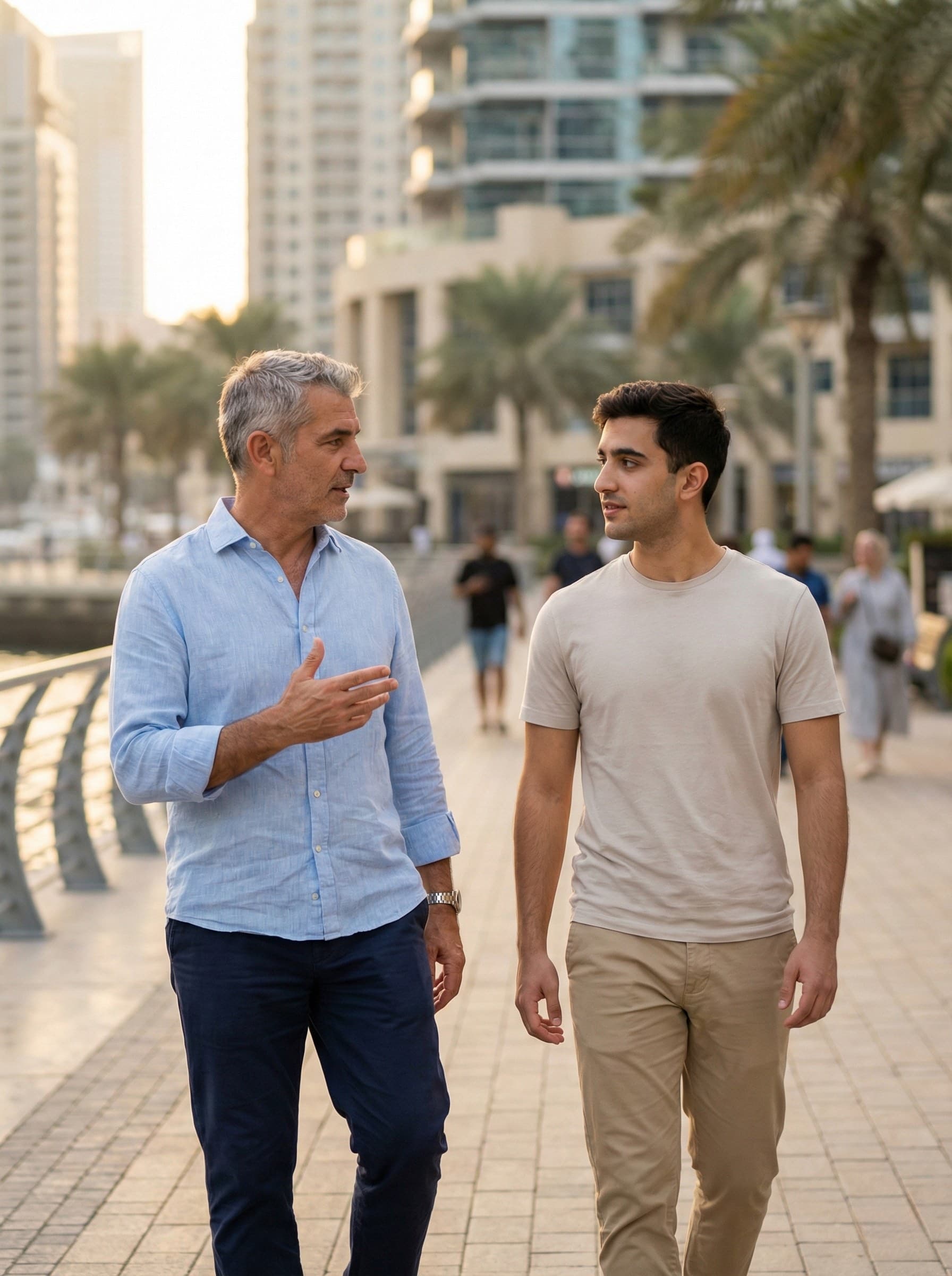 Father and adult son walking together along Dubai Marina, having a meaningful conversation about the future