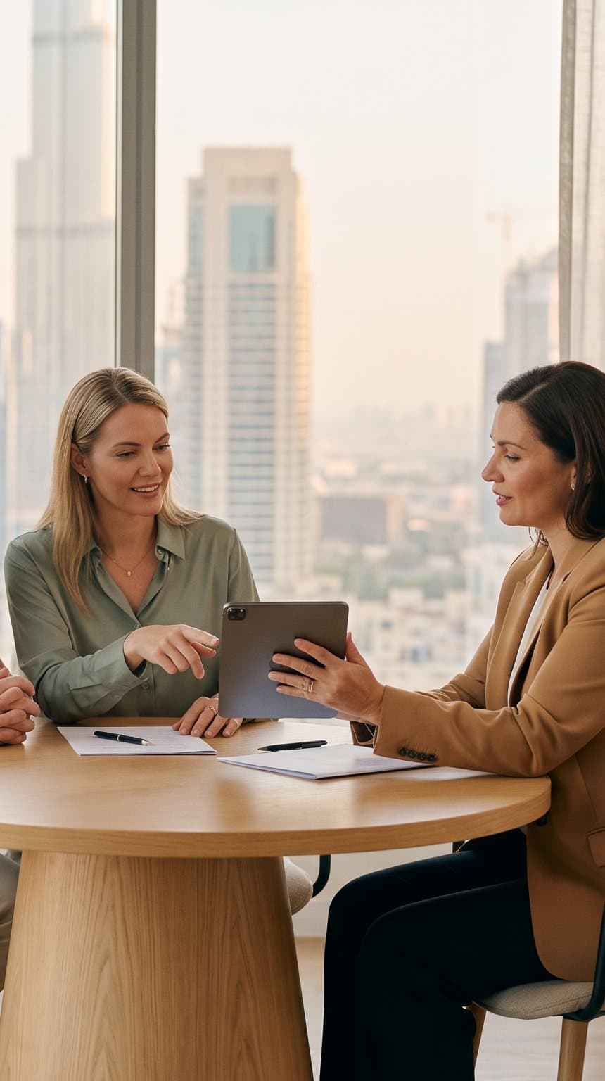 A financial advisor showing a couple something on a tablet in a Dubai office