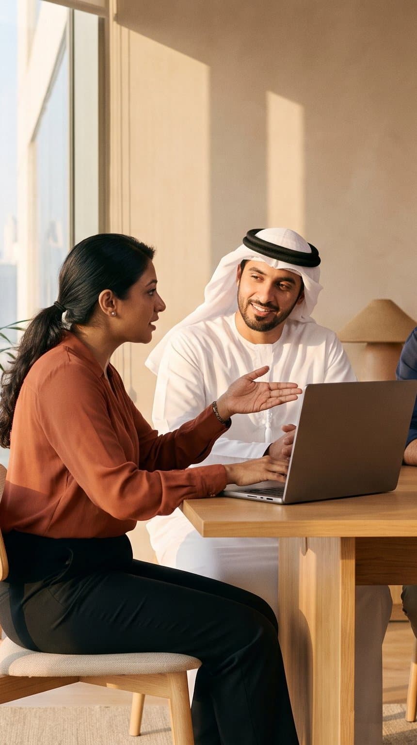 Three business partners talking over a laptop in a sunlit Dubai office
