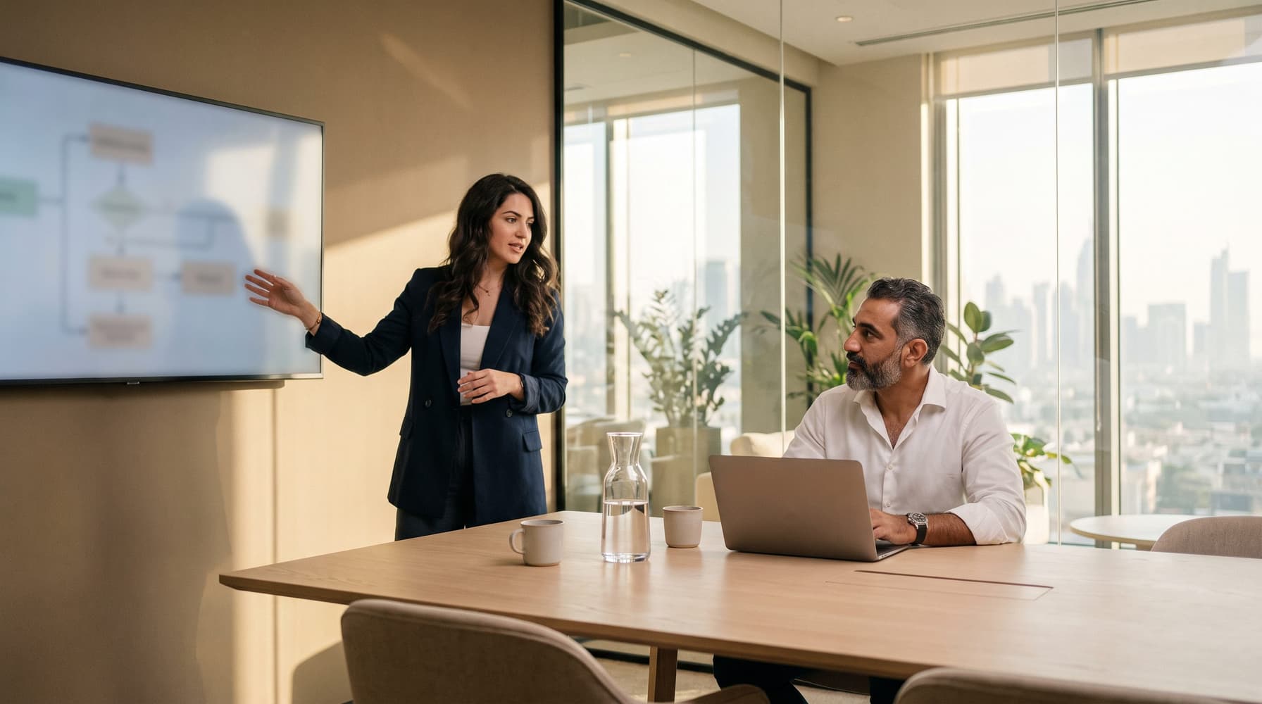 Two colleagues discussing a partnership in a sunlit office