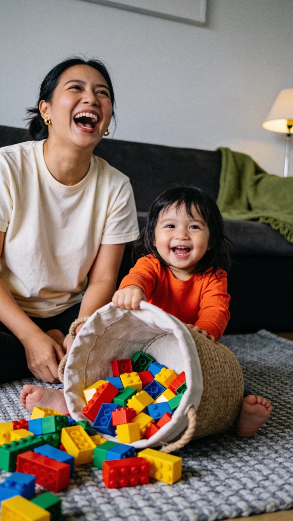 A mother and her toddler laughing on the floor as a basket of blocks tips over