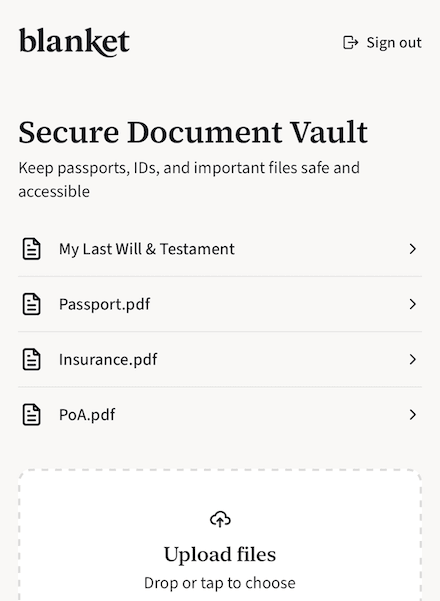 Secure Document Vault interface showing organized document storage