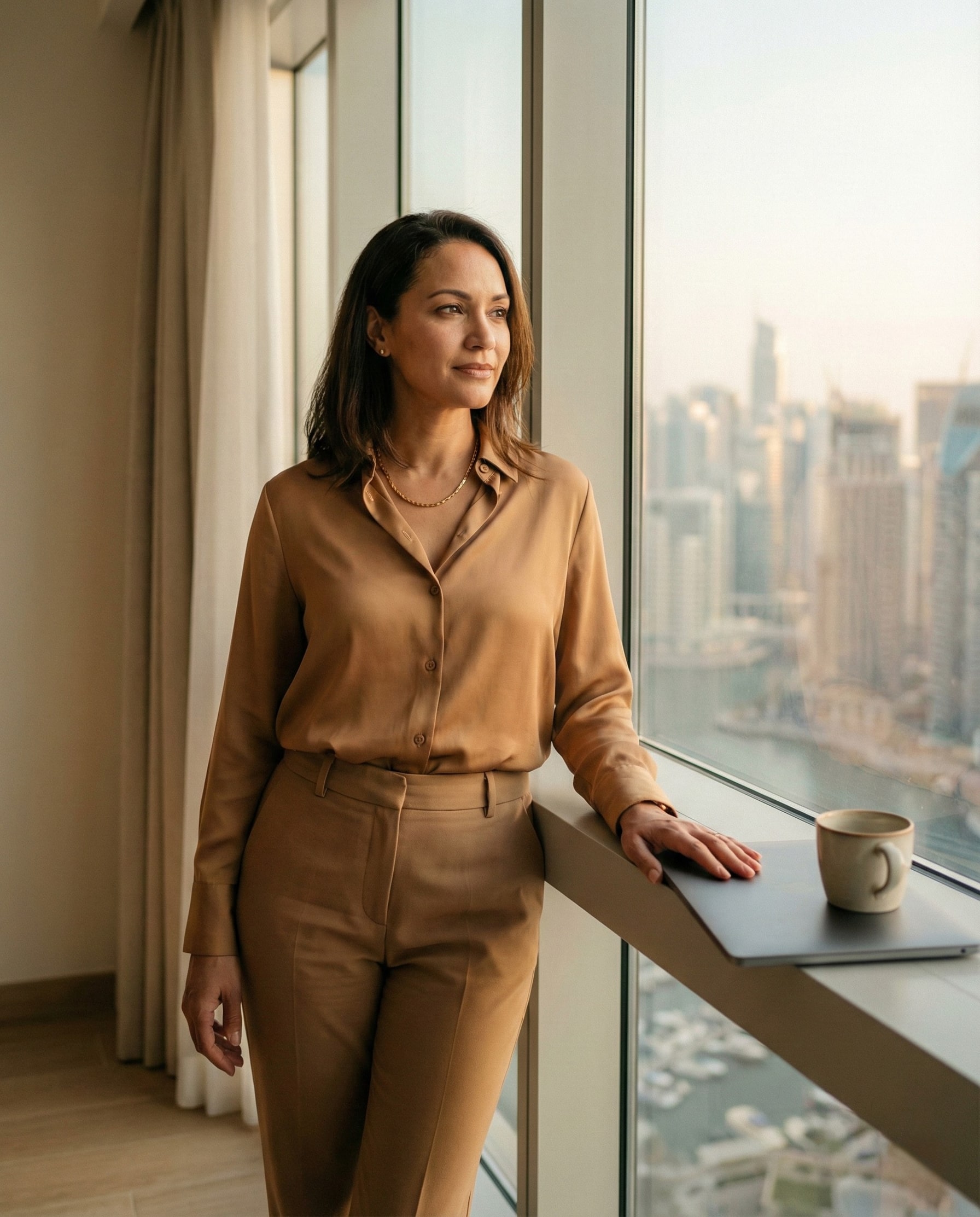 A professional looking out over Dubai from an office window