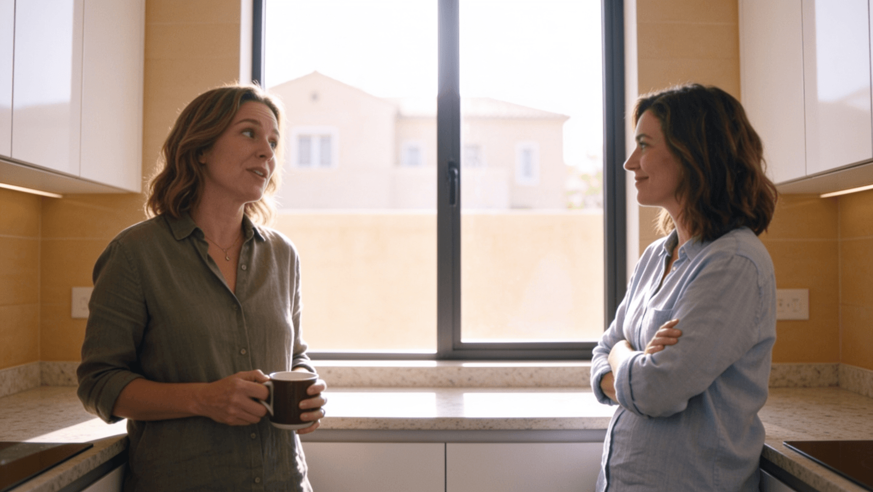 Two sisters talking over coffee, framed by the bright kitchen window between them