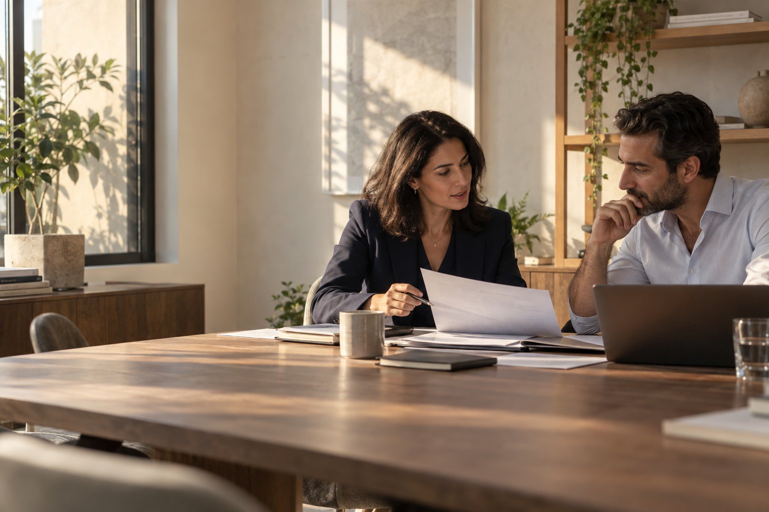 Two legal professionals discussing documents in a sunlit office