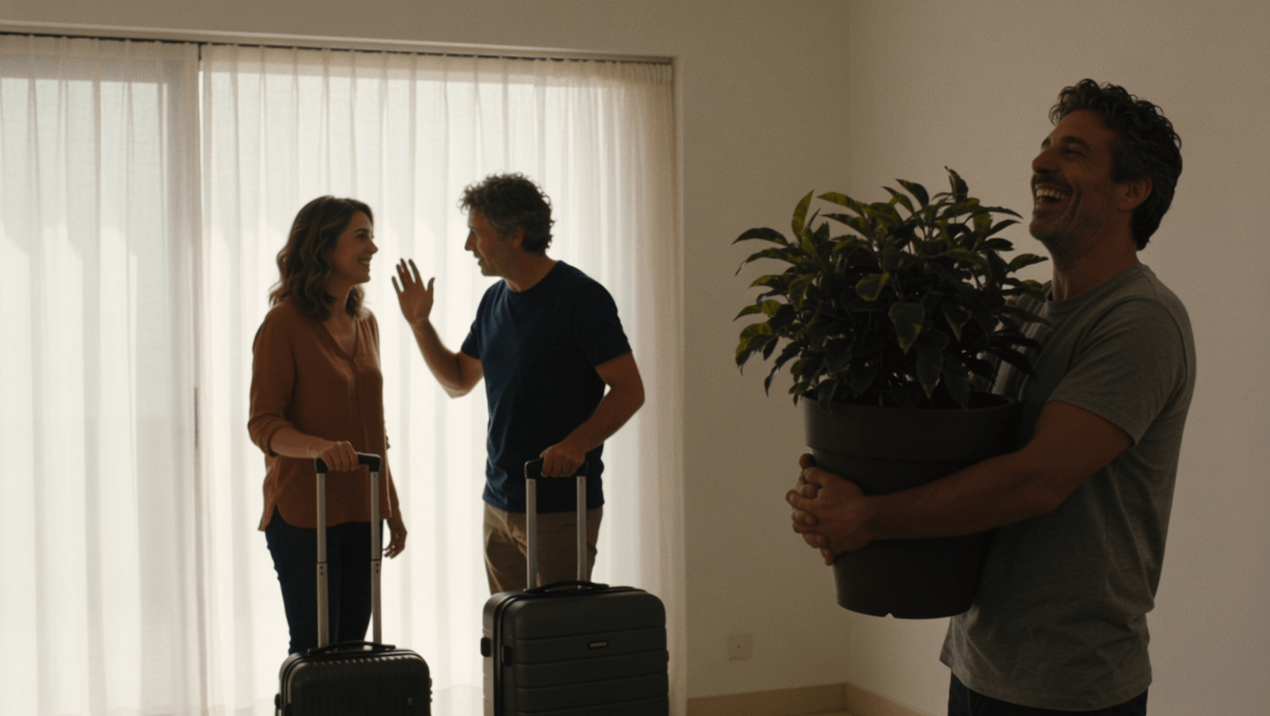 A couple leaving with suitcases while their friend laughs, holding the potted plant he has just been handed