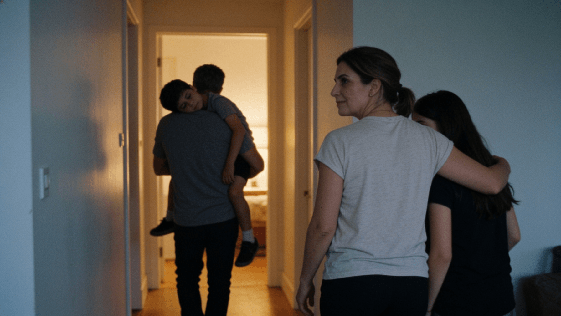 A parent carrying their child down a corridor in the evening