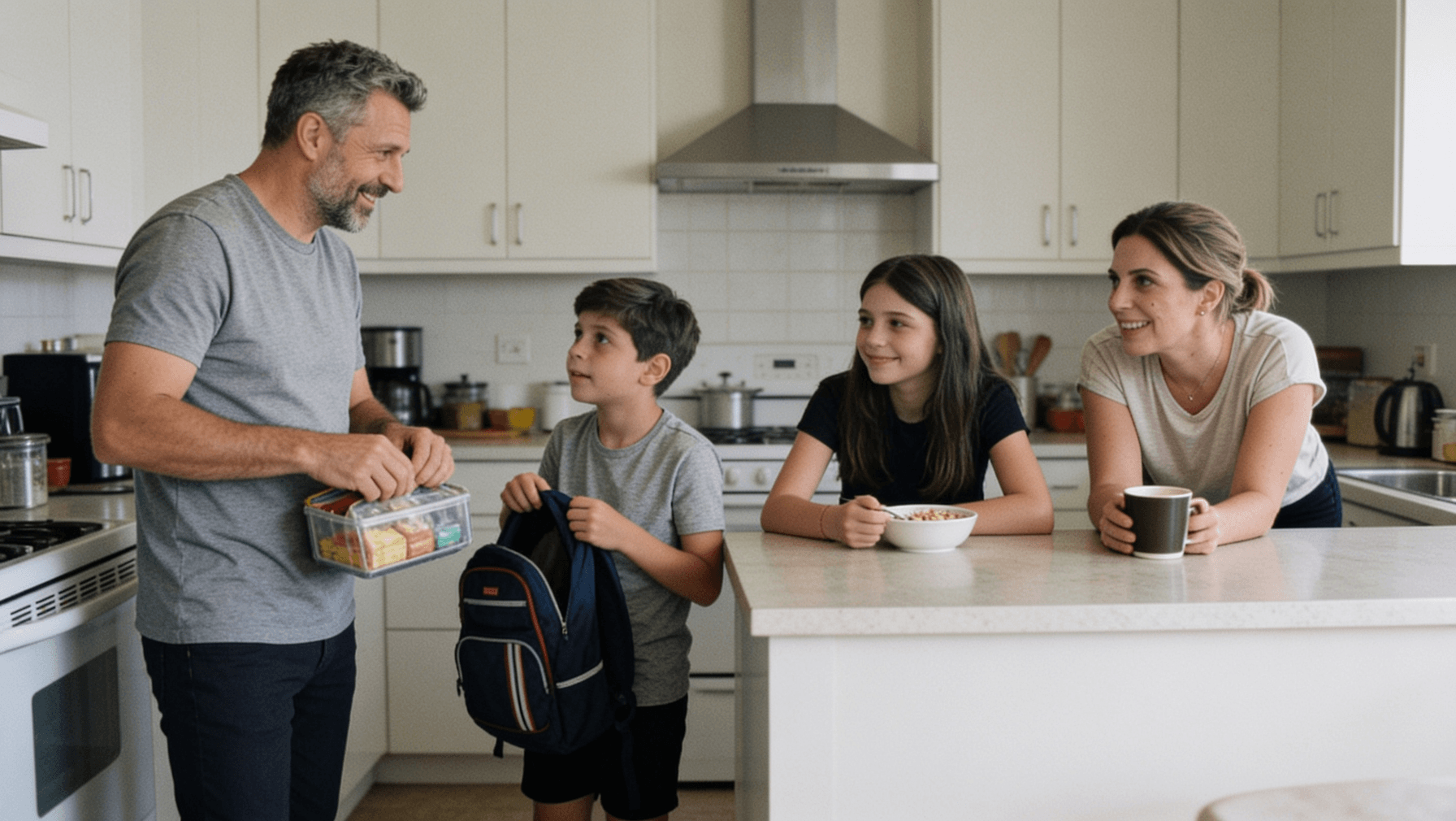 A family together in their kitchen in the morning light