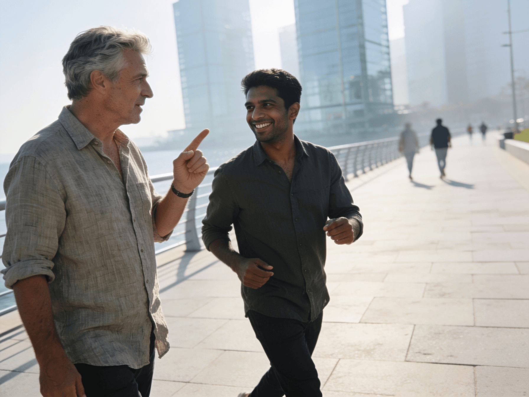 Two men walking briskly along a bright waterfront promenade