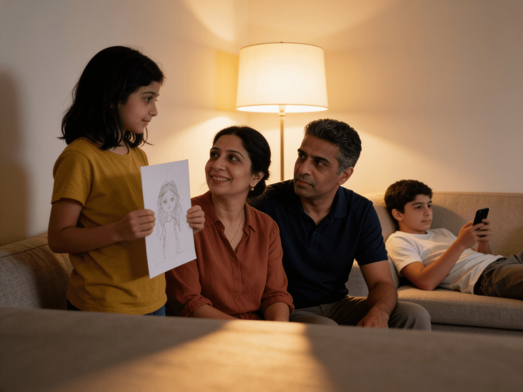 A daughter showing her drawing to her parents in warm lamplight