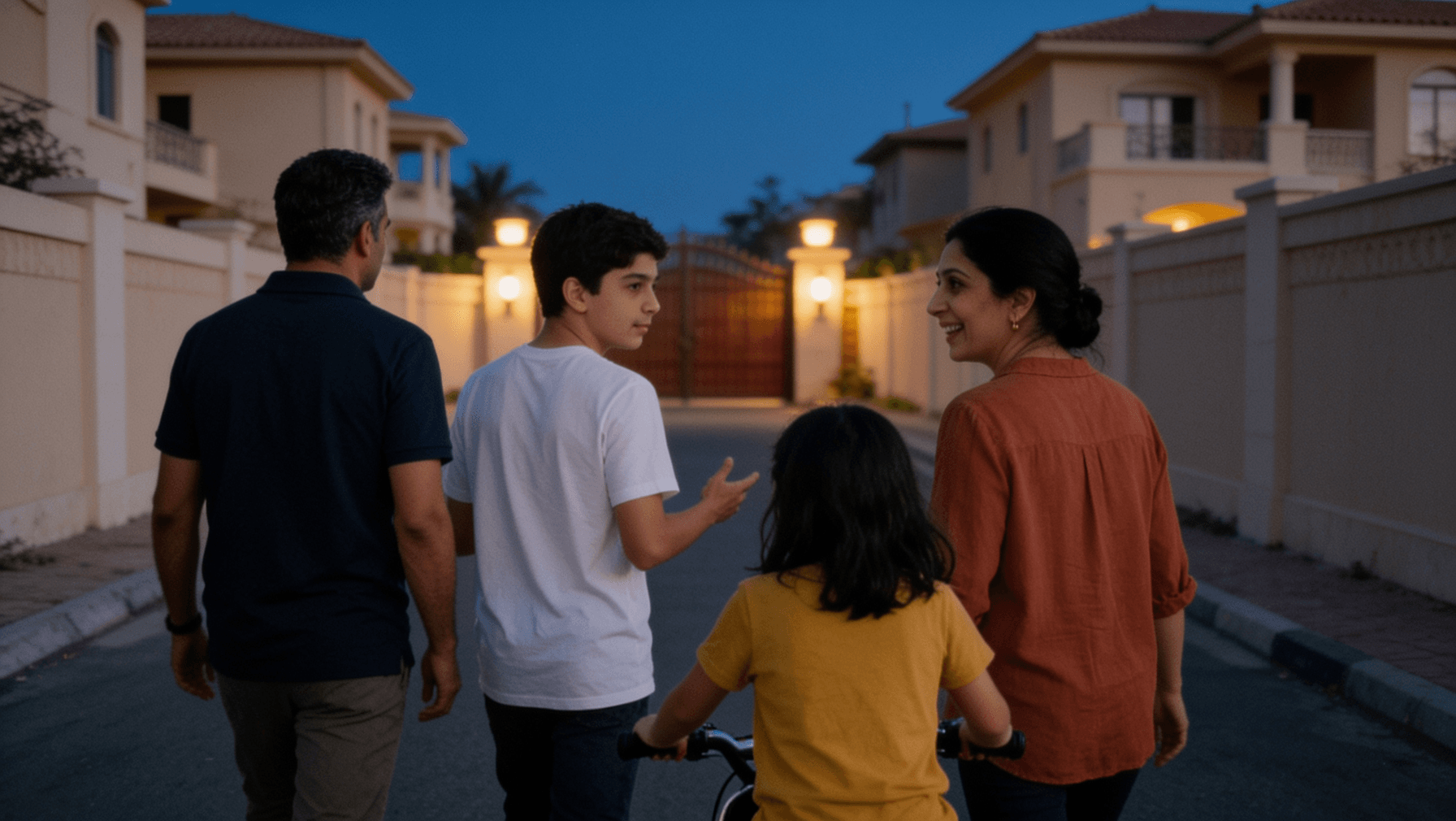 A family walking home at dusk, their daughter ahead on her scooter