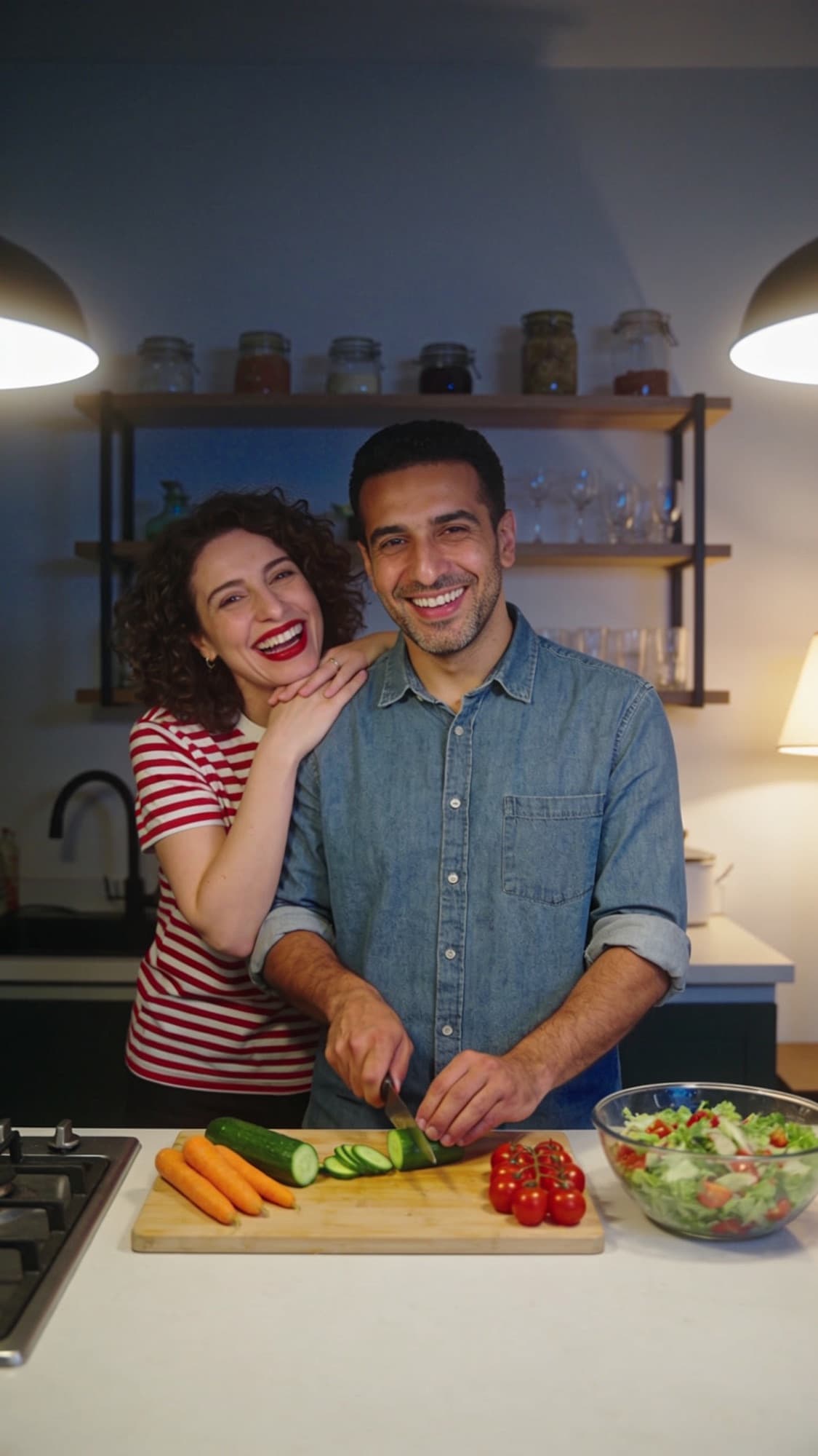 A couple hugging at the kitchen counter while making dinner together